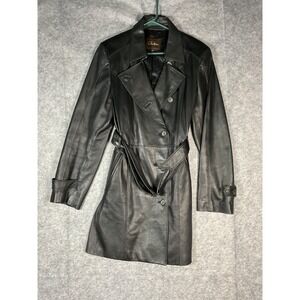 Cole Haan Women Black Leather Trench Coat Belted Double Breasted Size 14